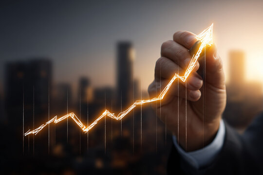 Business Growth Chart: A close-up of a hand drawing an upward trending financial graph on a city skyline backdrop, symbolizing economic progress and investment success.