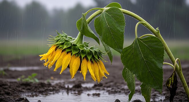A drooping sunflower stands alone in a muddy field on a rainy day outside