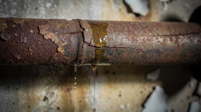 A rusty, corroded pipe leaks water from a crack. Drops fall from the damaged plumbing, indicating a need for urgent repair and potential damage.