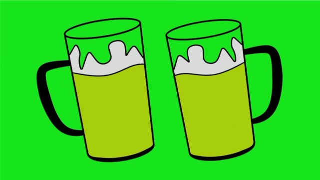 cartoon animation of two glasses of beer toasting on a green background