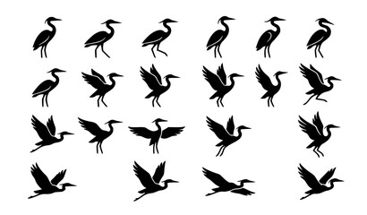 Modern Flat Style Heron Bird Silhouette Set Isolated Wildlife Vector Pack on White Background