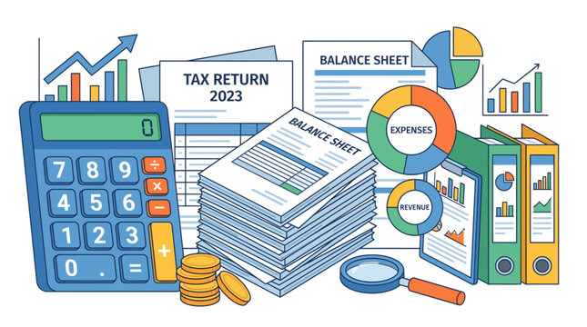 Tax return documents stack with balance sheet and expenses charts next to electronic calculator on desk