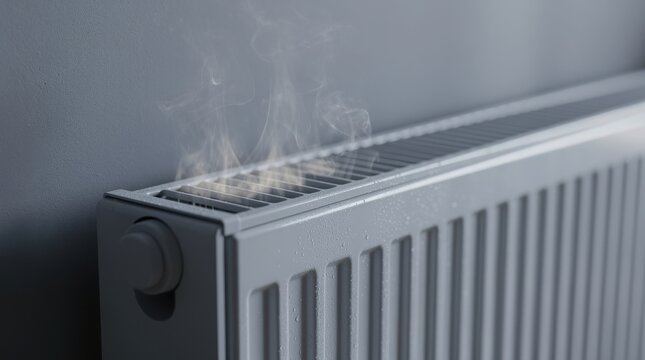 A modern grey radiator with steam rising and water droplets on its surface, suggesting a leak, malfunction, or high heat.