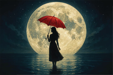 woman with red umbrella standing on water against full moon background, illustration © Fajar