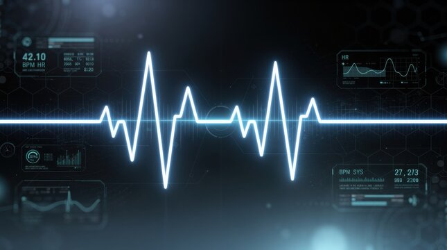 A futuristic medical interface displaying a glowing blue heartbeat line (EKG) with various health data readouts on a dark, high-tech background.