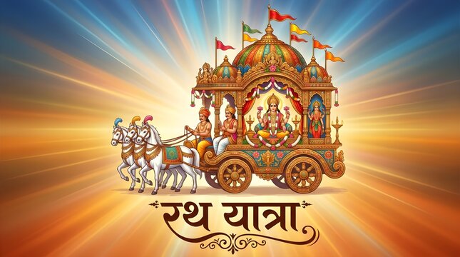 Rath yatra festival illustration featuring ornate chariot with horses and deity idol traditional indian culture celebration spiritual event background for banner design