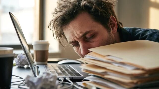 An exhausted office worker peeks over mountains of folders at a messy desk, his eyes reflecting deep fatigue and burnout as he struggles with an overwhelming workload.