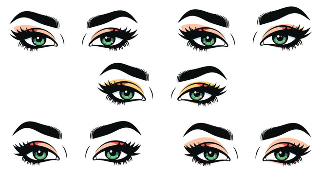 Seven pairs of stylized green human eyes featuring bold makeup and perfectly shaped eyebrows are displayed in a clean grid arrangement on a stark white background.