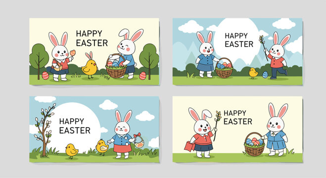Set of four colorful Easter greeting cards features adorable bunnies baby chicks and baskets full of painted eggs.