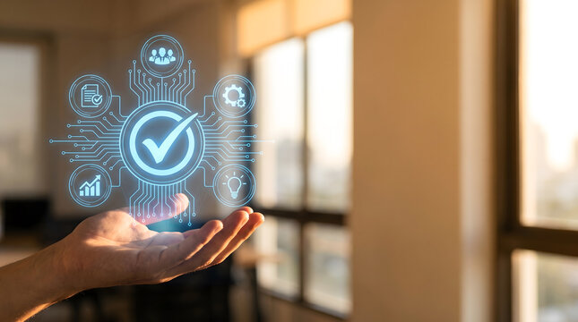 Quality assurance and standard compliance concept. Hand holding a glowing virtual checkmark hologram with business process icons in a modern office.
