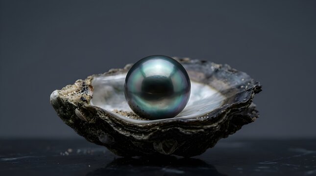 Large Iridescent Black Tahitian Pearl Resting Elegantly Inside a Natural Oyster Shell Layered on a Dark Reflective Marble Surface Background