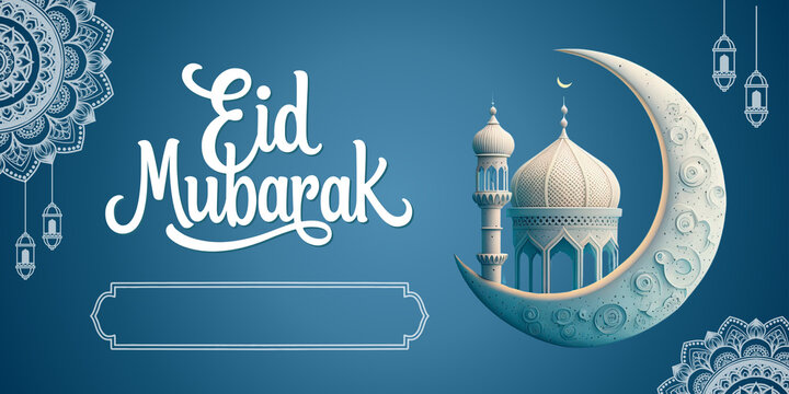 Modern Eid Mubarak banner design with 3D white mosque nestled inside crescent moon, featuring intricate mandala art on premium blue background.