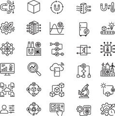 Fototapeta premium Magnetocaloric Refrigeration Line Icons Set – 30 Minimal Black Outline Vector Icons for Solid-State Cooling, Magnetic Field Heat Pumps & Next-Generation Green Refrigeration Systems