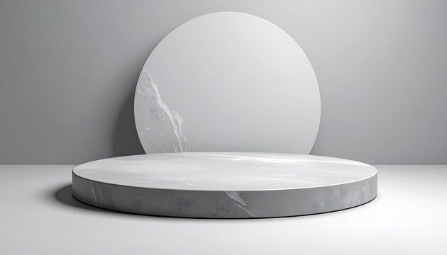 Marble circular podium and disk display on gray background
