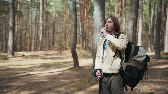 Backpacker drinking water during stop in pine forest. Caucasian male traveler carrying large hiking bag and trekking pole. Adventurer restoring strength after long outdoor walking expedition.