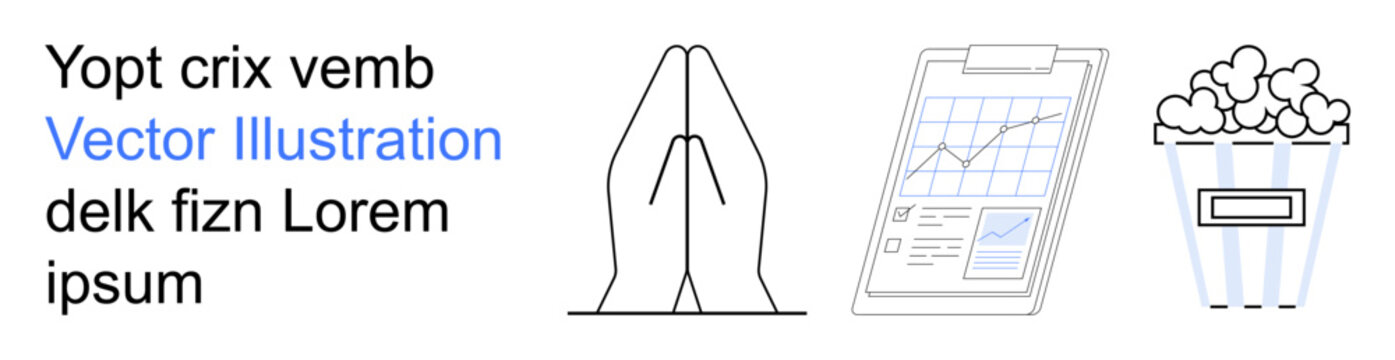 Religion, faith, data analysis, business growth, entertainment, snacking. Praying hands, graph on clipboard bucket of popcorn. Religion and data analysis concepts illustrated