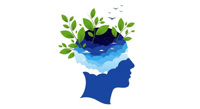 Human Mind Growth Concept Illustration with Leaves and Sky for Mental Health and Psychology Awareness