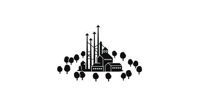 A crisp black silhouette graphic depicts a dense industrial complex with prominent tall chimneys nestled within a ring of stylized trees on a stark white background surface.