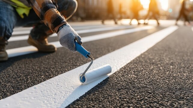 Close-up of worker painting fresh white line on black asphalt road using roller brush during sunset outdoor work activity