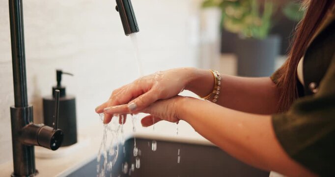 Health, hand wash and person in home with water, bacteria prevention or sanitization in wellness habit. Cleanliness, routine or woman with tap, germ protection or safe practice in hygiene process.