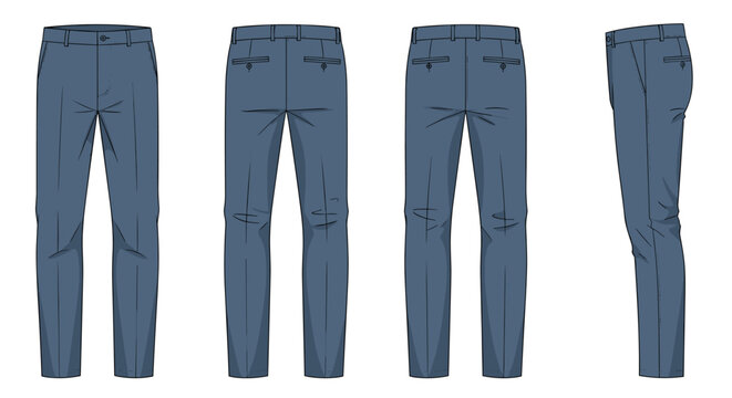 A professional fashion technical flat drawing of navy blue tailored dress pants presented in a multi-view layout for garment production and clothing design documentation purposes.
