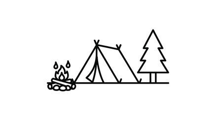campsite silhouette with tent fire and tree on transparent background © DS