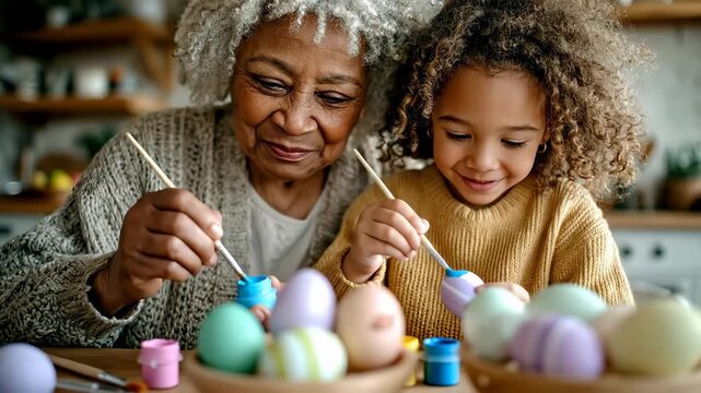 Grandmother and granddaughter paint Easter eggs with bright colors and joy. Cozy kitchen setting with decorative items in background. Concept of family, creativity, celebration