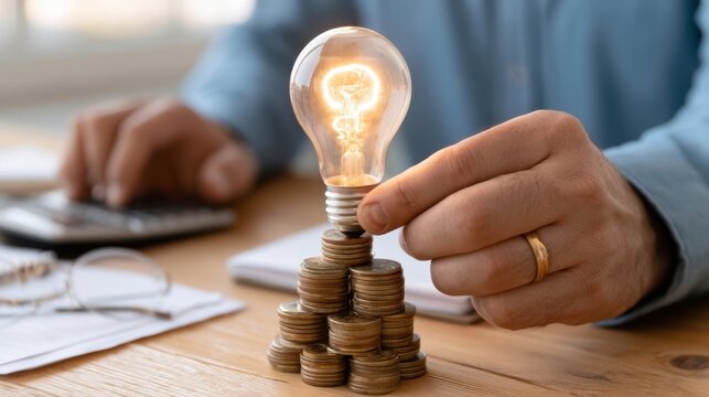 Close-up of hand holding glowing light bulb on stack of coins with calculator and paper on wooden desk symbolizing finance idea energy and investment concept