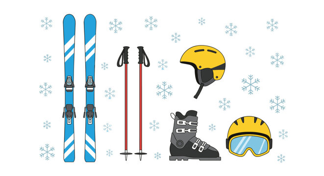 A vibrant assortment of professional alpine skiing hardware featuring blue skis and poles alongside a bright yellow protective helmet and boots on a neutral studio backdrop.