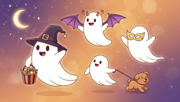 Kawaii Halloween ghost characters in costumes, cute spooky spirits with witch hat and devil wings, whimsical holiday illustration for kids