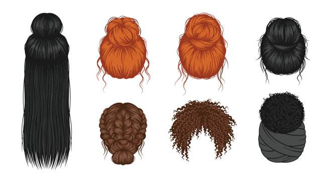 Eight diverse hair arrangements including long flowing locks and elaborate braided buns are showcased in a grid layout on a clean and bright white background area.