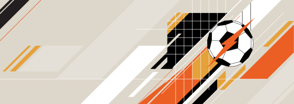 Abstract geometric shooting soccer ball to the net banner have blank space.
