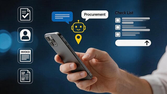 Smartphone procurement automation with chatbot interface, supply chain management, invoice processing, checklist verification, digital workflow, mobile app technology, AI