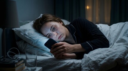 Fototapeta premium Woman in bed at night, face illuminated by phone screen, experiencing sleep disruption due to excessive late-night digital device use and blue light exposure
