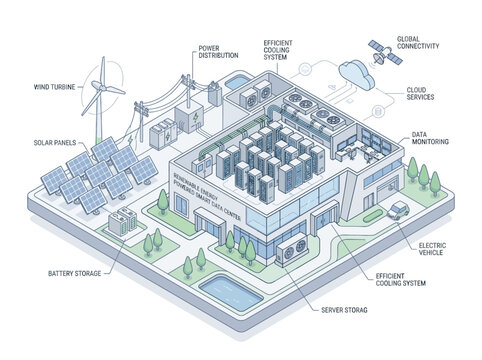 Isometric illustration of modern smart data center with cloud computing and network infrastructure