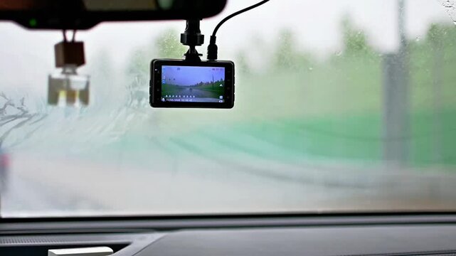 A windshield-mounted dash cam. The device is located under the rearview mirror.
The LCD screen displays a real-time view of the road ahead.