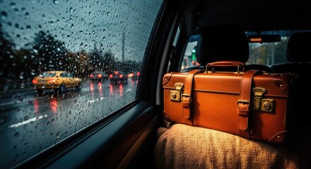 Fototapeta premium Raindrops on a glass window overlooking a blurred road during a trip, with a vintage suitcase resting inside a cozy and warm vehicle cabin, landscape, motion, cozy
