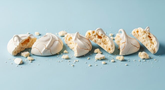 A Fragile Line of Cracked Meringue Kisses on a Pastel Blue Panorama