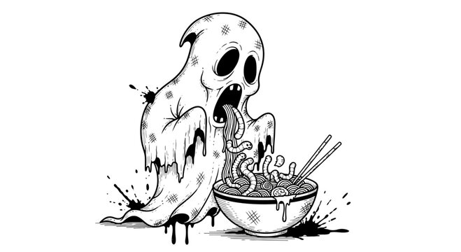 Spooky ghost eating noodles from bowl.