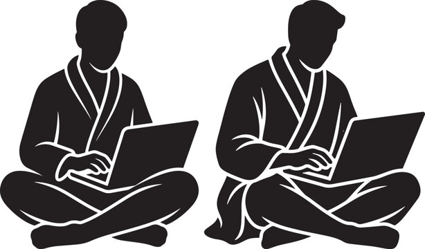 Two men sitting cross-legged wearing robes and working on laptops with crossed legs, computer