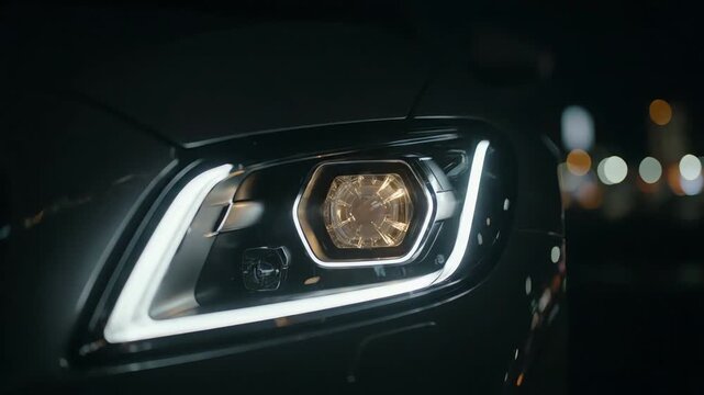 Close Up of Modern Luxury Car Headlight with Glowing LED Lights in Studio