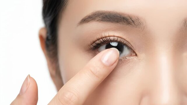 Woman applies contact lens to her eye in bright environment. Clean white background highlights careful eye care actions. Concept of eye care, vision health, beauty industry