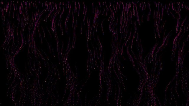 Futuristic cyberpunk digital data stream with violet and pink particle lines cascading down on black background 