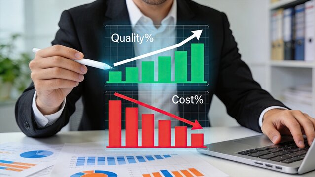 Businessman analyzing quality and cost efficiency charts, digital interface showing growth and reduction trends for corporate strategy planning.