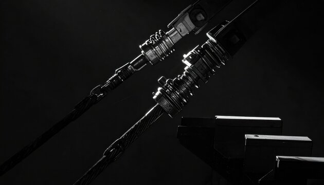 Industrial articulated metal struts with reinforced tension springs and locking pins. Precision engineered mechanical hardware components showcased in a dark dramatic high contrast cinematic studio se