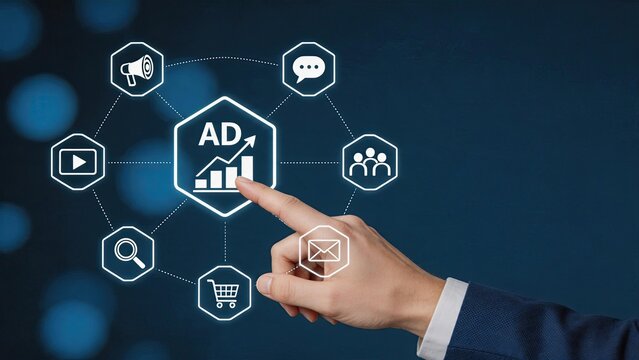 Digital marketing strategy icons, advertising campaign concept, social media engagement, brand promotion, customer targeting, online shopping cart, analytics graph, email