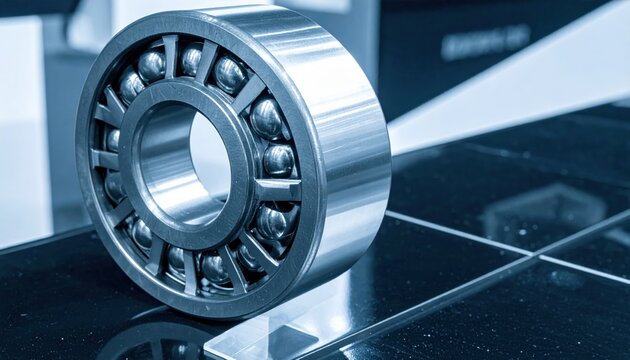 Industrial tapered roller bearing featuring precision steel spheres and a durable polymer cage, captured in a widescreen cinematic view for mechanical engineering applications and technical hardware.