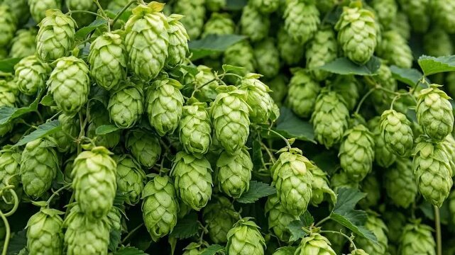 Clusters of green hops grow on vines in a field under clear blue sky. Farming setting with healthy crops. Concept of brewing, agriculture, beverage production