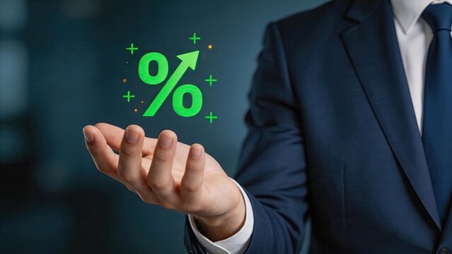 Hand holding green percentage symbol with upward arrow and plus signs, financial growth and profit increase concept for business success, economy boost and positive return on