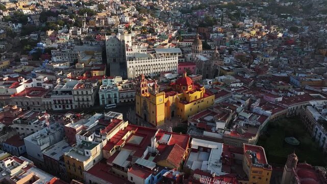 Aerial view of the landmark church in the ancient city of Guanajuato, Mexico